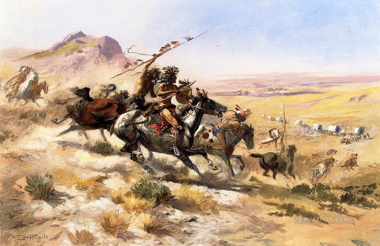 Ataque a una caravana 1902 Charles Marion Russell Indios americanos Pintura al óleo